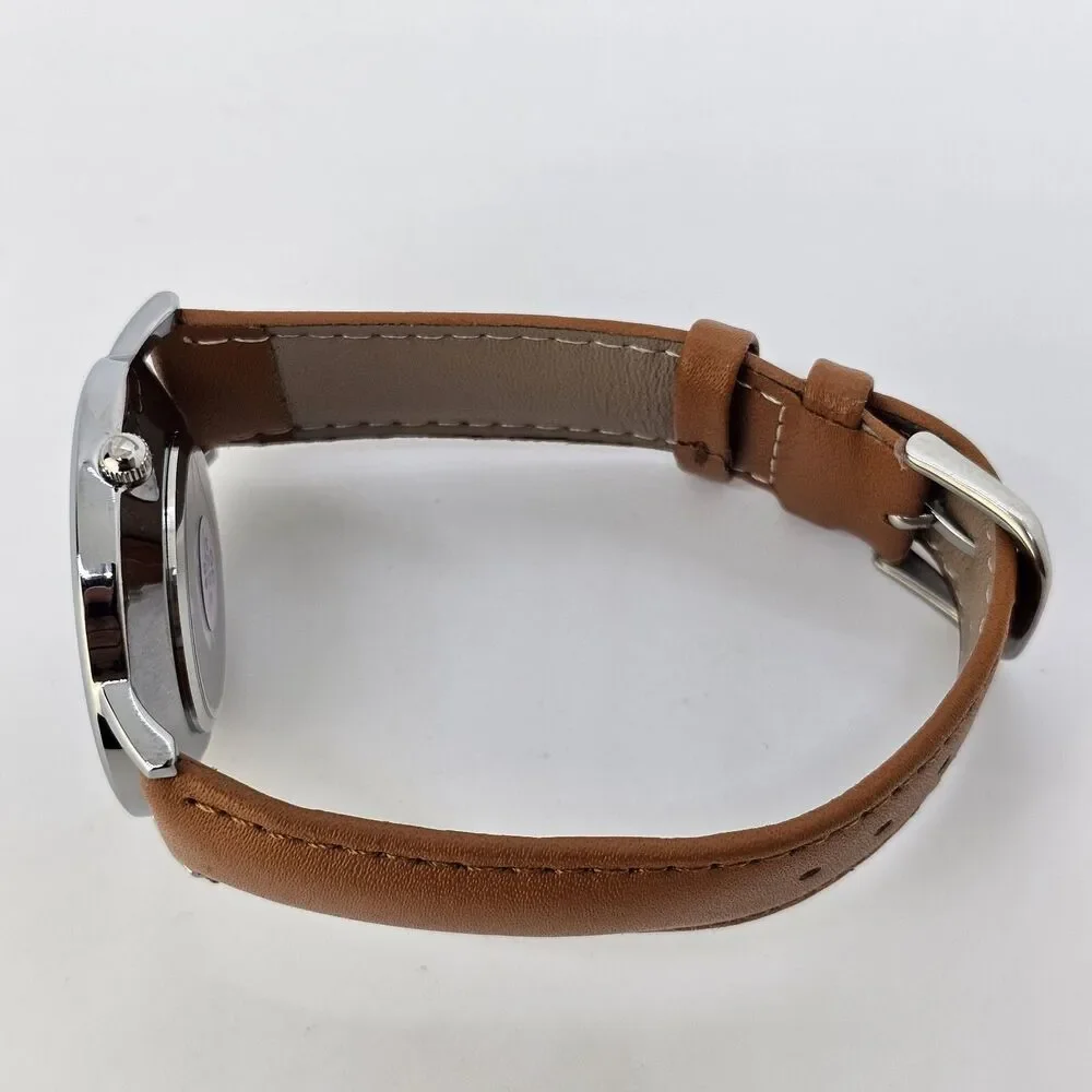 Men's Watch Minimalist 40MM Gray Case Blue Dial Date Light‎ Brown Leather Straps